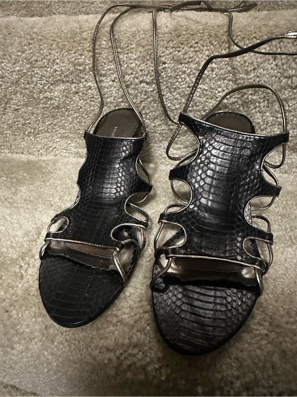 Valerie Stevens Black Croc-Texture Lace-Up Wedge Sandals